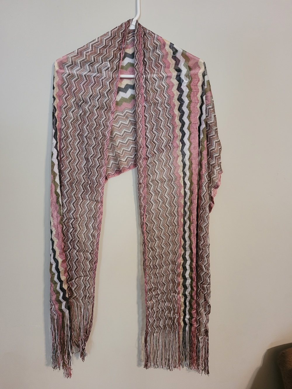 Source Unknown Pink Chevron Fringe Knit Wrap with Olive and Gray Accents